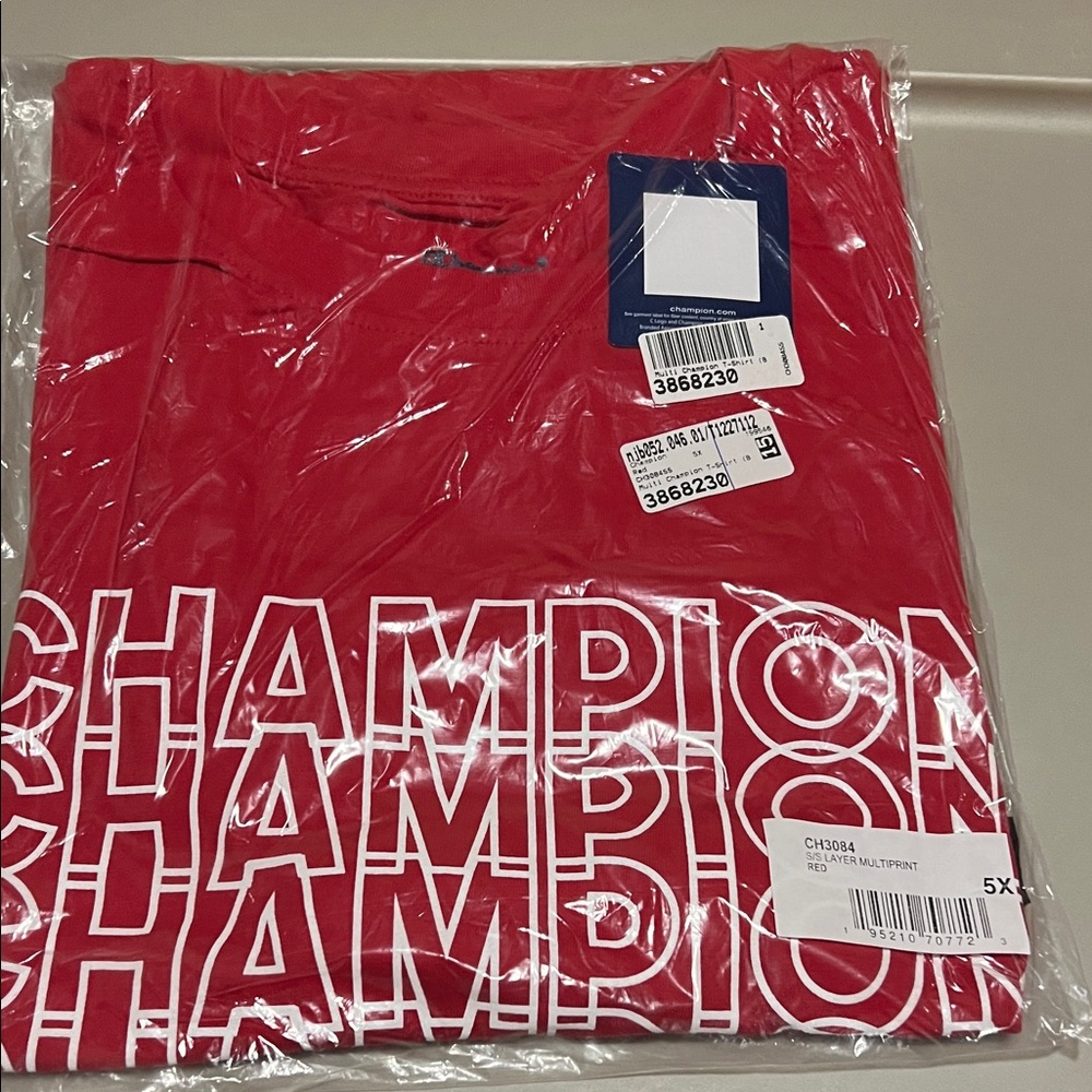 5X Champion Red Short-Sleeve Logo Tee with Repeat Print